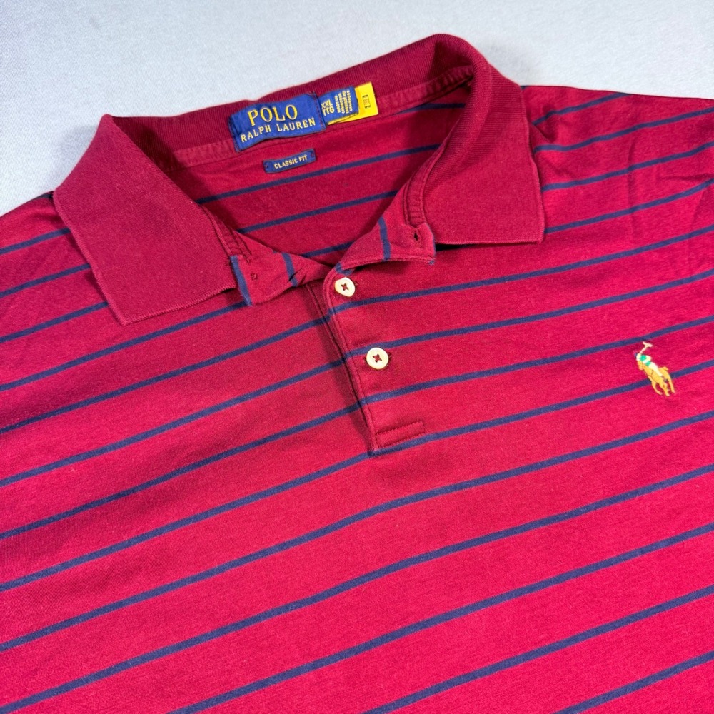Polo Ralph Lauren Mens XXL Classic Fit Striped Short Sleeve Polo‎ Shirt Red Navy